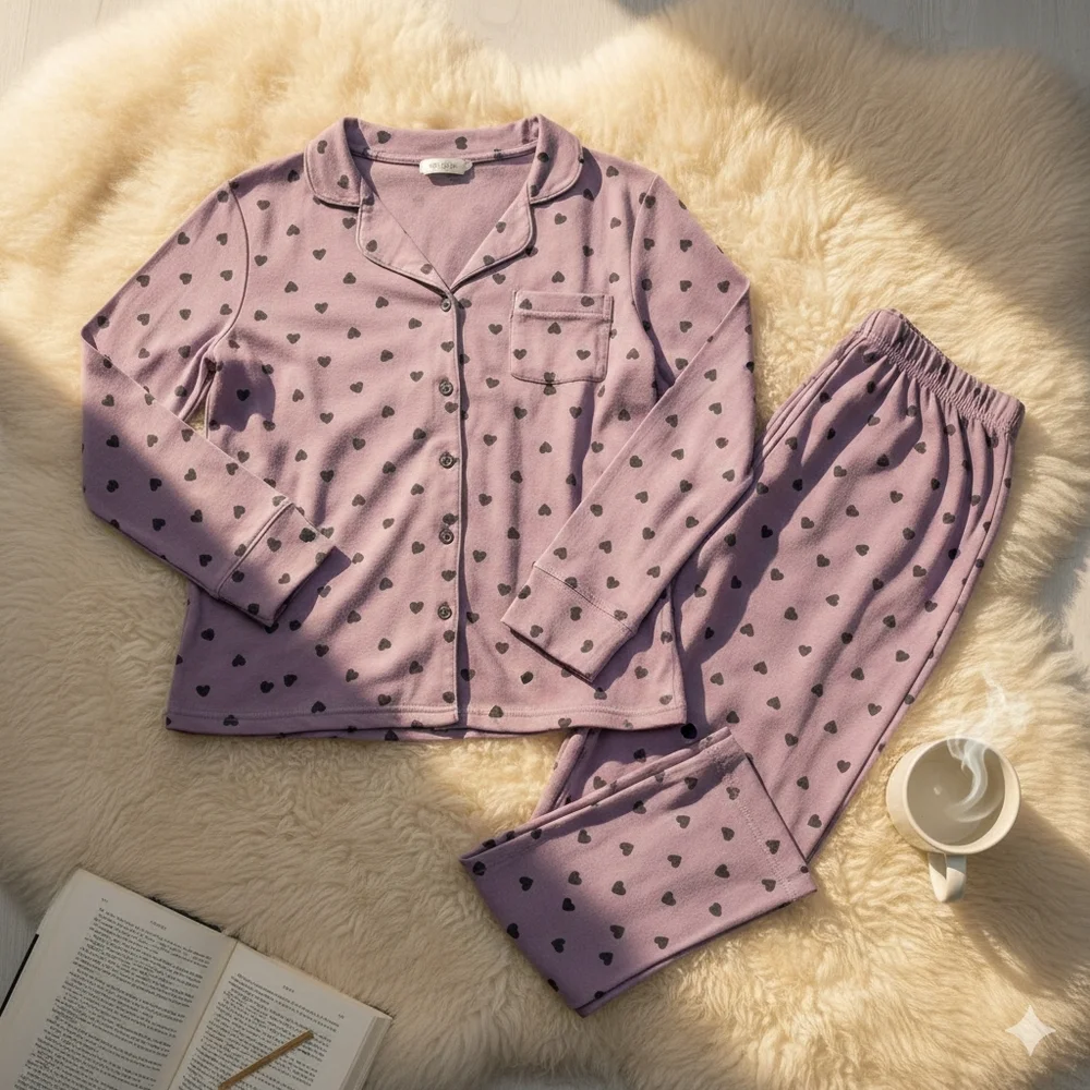 Luxury 95 % Cotton Heart Print Pajama Set - High-End Button Down Sleepwear New